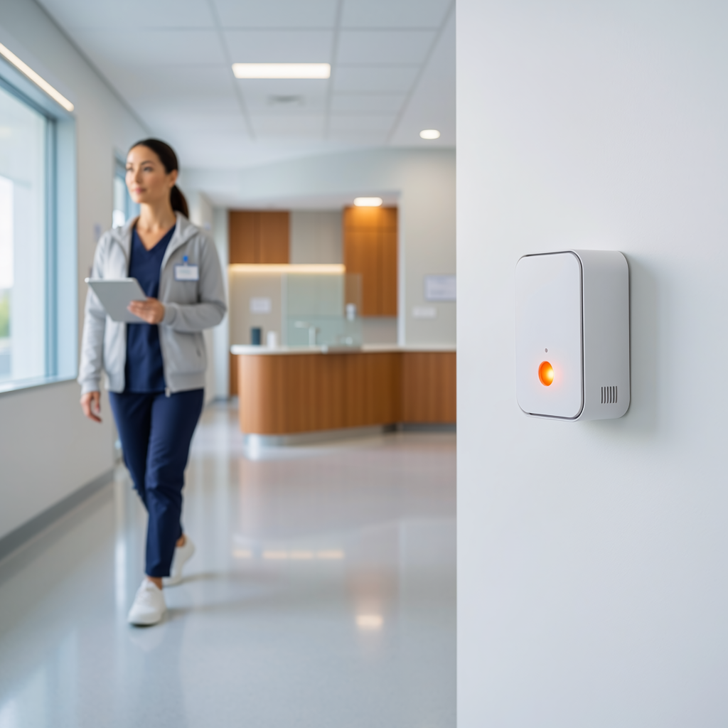 Modern healthcare corridor representing patient comfort and environmental monitoring.