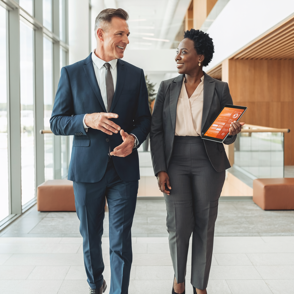 Business partners walking together through a modern commercial environment.