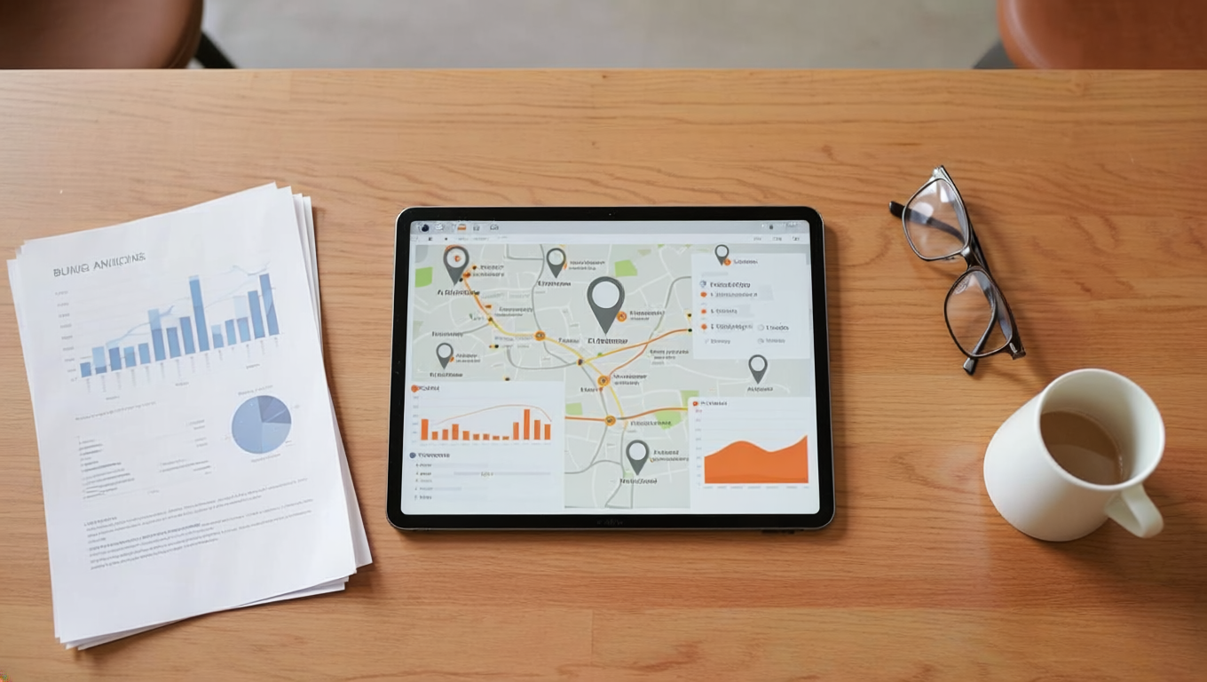 Modern executive workspace with a dashboard-style product view for Delphi360 operational intelligence.