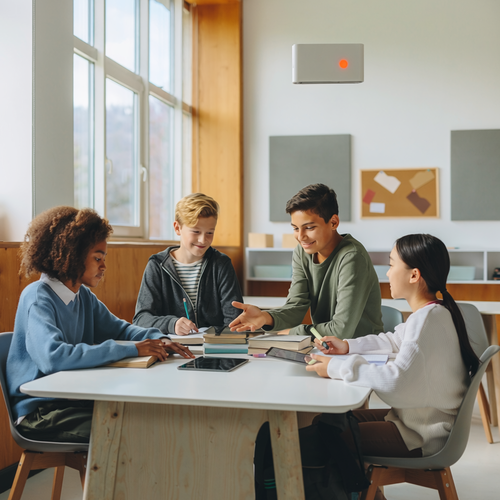 Bright modern classroom with students and a teacher representing healthier learning environments.