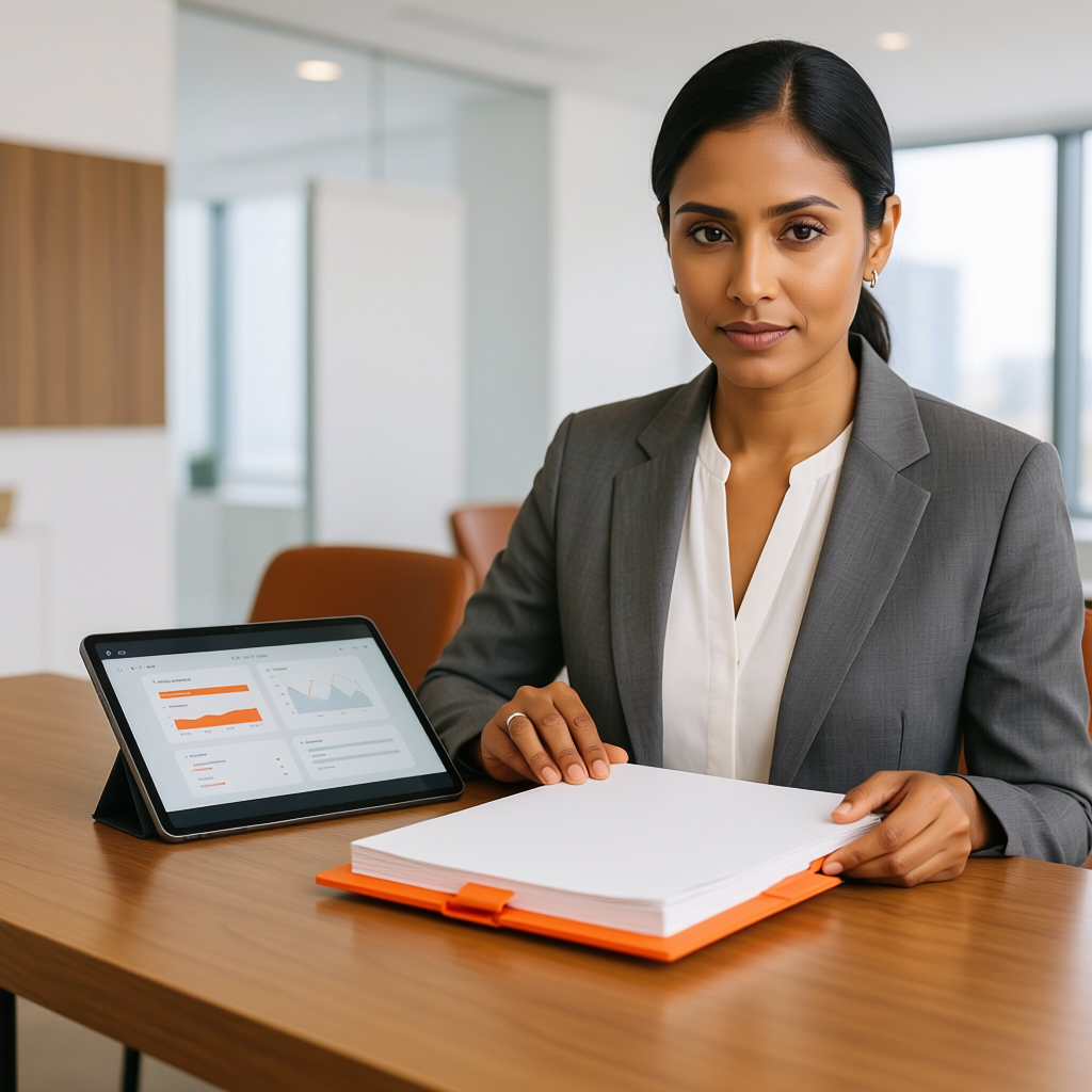 Professional preparing a compliance report with structured documentation and facility data.